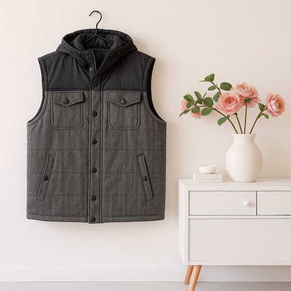 Foreign Exchange Herringbone Puffer Vest Men’s XL Gray Black Hooded Streetwear - Picture 1 of 14